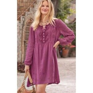Sundance Chantae Eyelet Dress Pintuck Long Sleeve XS Petite Pink Missing Lining